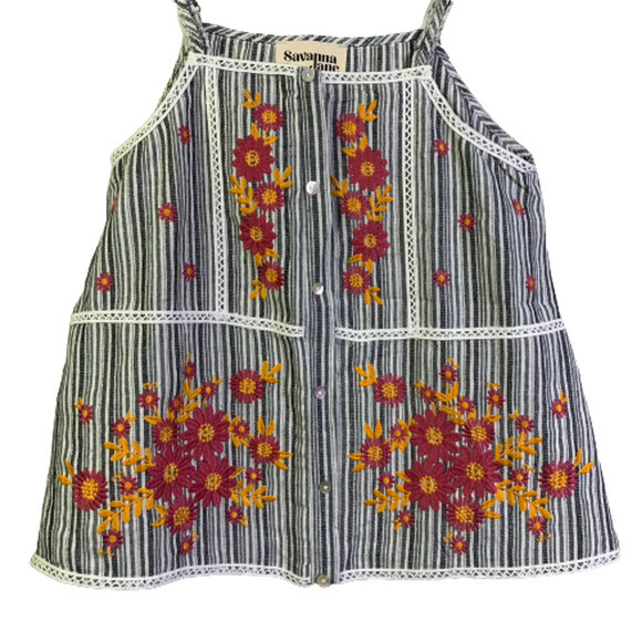 SAVANNA JANE Black & White Stripe Embroidered‎ Floral Tank Top - NWT - Picture 5 of 12